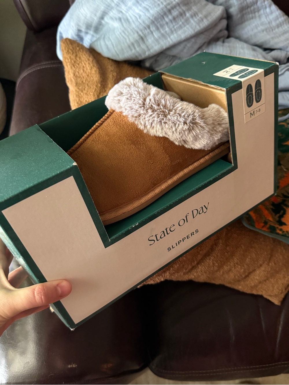 State of Day Faux Suede Slippers in Chestnut with Cream Fur Trim